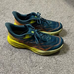 Hoka Running Shoes Mens 13 Blue Orange Yellow Vibram Sole Speedgoat 5 Trail